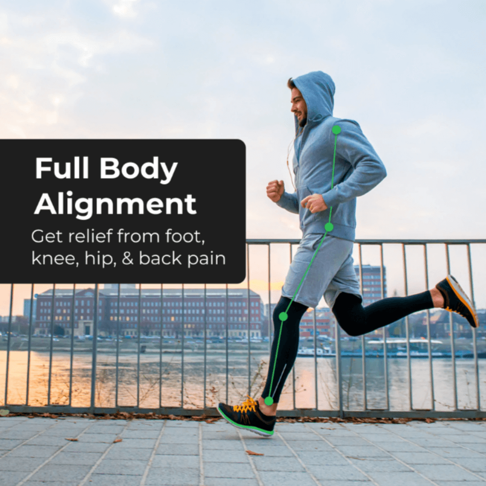 a man running on a bridge with the text full body alignment get relief from foot