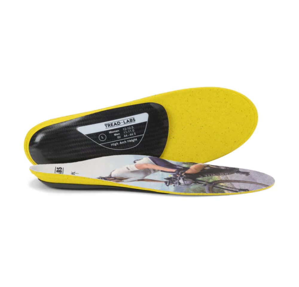 Picture of Tread Labs Lael Wilcox Insoles that are black and yellow