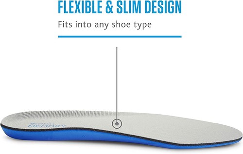 A blue and grey insole features a flexible and slim design perfect for loafers