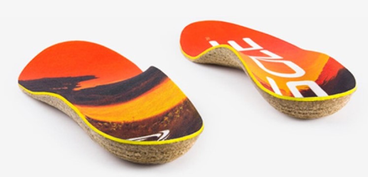 SOLE Medium Performance Cork Insoles with built in metatarsal pad from a back angle-view.