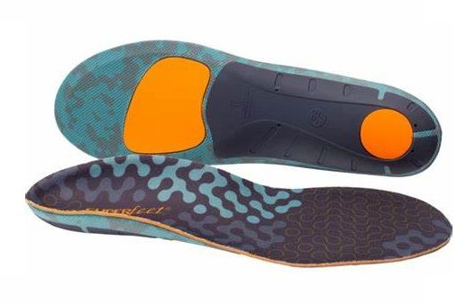 Blue and orange insoles on display, showing the front and back