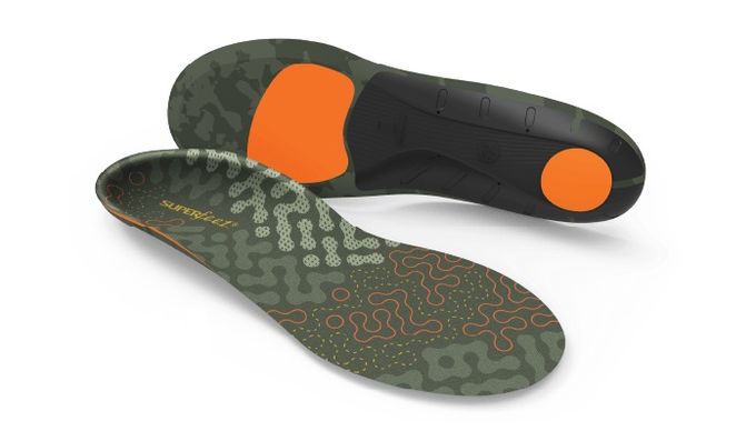 Insoles by Superfeet with geometric patterns on display