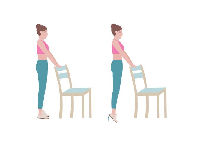 Diagram showing standing heel raises with chair support